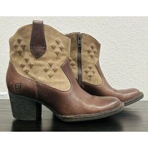 BORN Capri Brown Western Combo Suede Leather Side Zip Ankle Boots Size 6.5